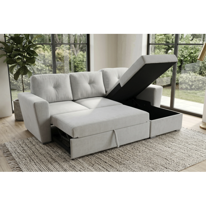 Canapé d'angle convertible CALDERO blanc en mode lit avec coffre ouvert