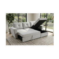 Canapé d'angle convertible CALDERO blanc en mode lit avec coffre ouvert