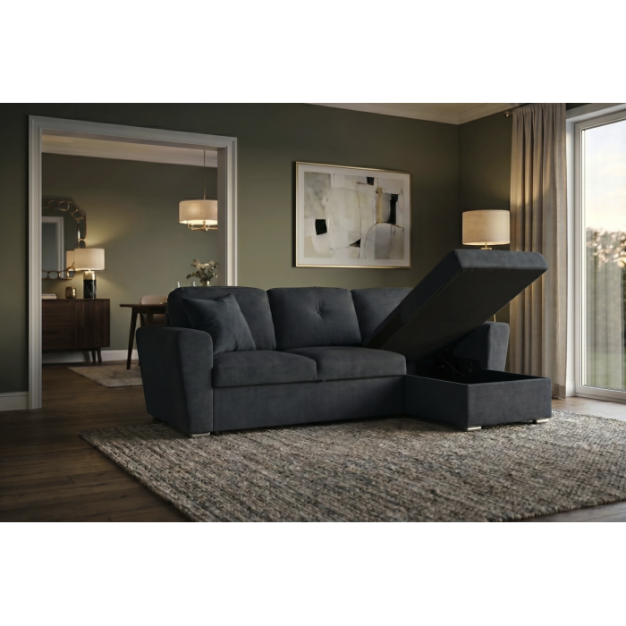 Canapé d’angle CALDERO convertible 3 places avec coffre – Gris foncé – 245 x 90 x 155 cm