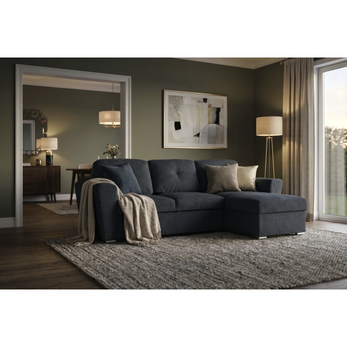 Canapé d’angle CALDERO convertible 3 places avec coffre – Gris foncé – 245 x 90 x 155 cm
