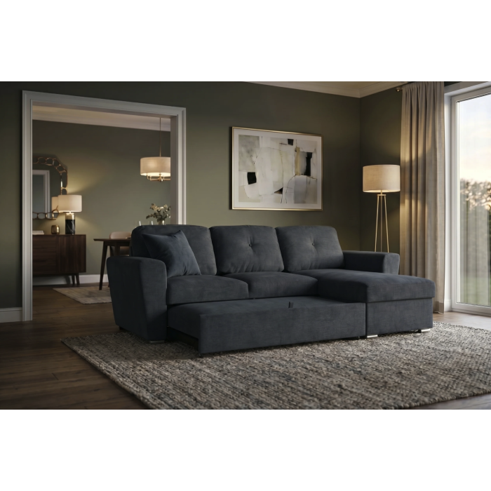 Canapé d’angle CALDERO convertible 3 places avec coffre – Gris foncé – 245 x 90 x 155 cm