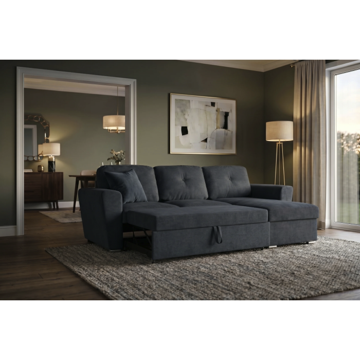 Canapé d’angle CALDERO convertible 3 places avec coffre – Gris foncé – 245 x 90 x 155 cm