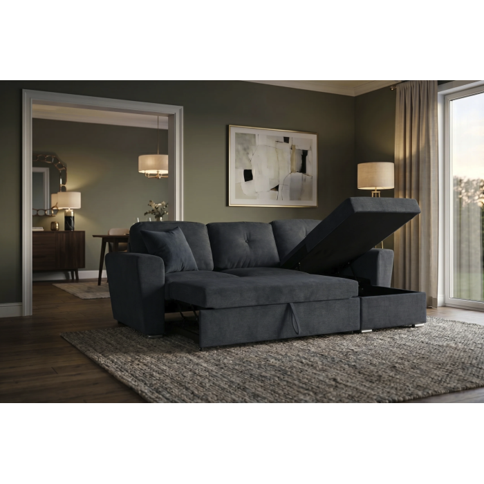 Canapé d’angle CALDERO convertible 3 places avec coffre – Gris foncé – 245 x 90 x 155 cm