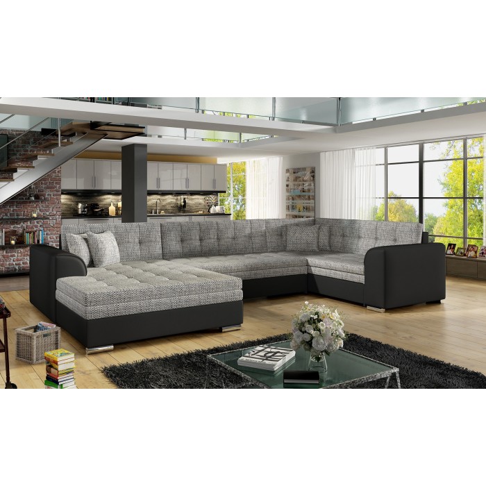 Canapé panoramique convertible CALDERO 5 places gris et noir – angle gauche 