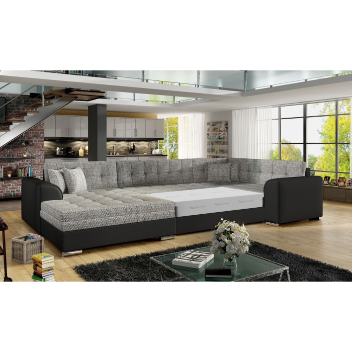 Canapé panoramique convertible CALDERO 5 places gris et noir – angle gauche 