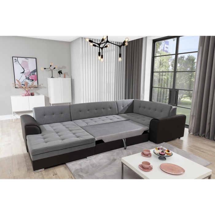 Canapé panoramique convertible CALDERO 5 places gris – angle gauche 