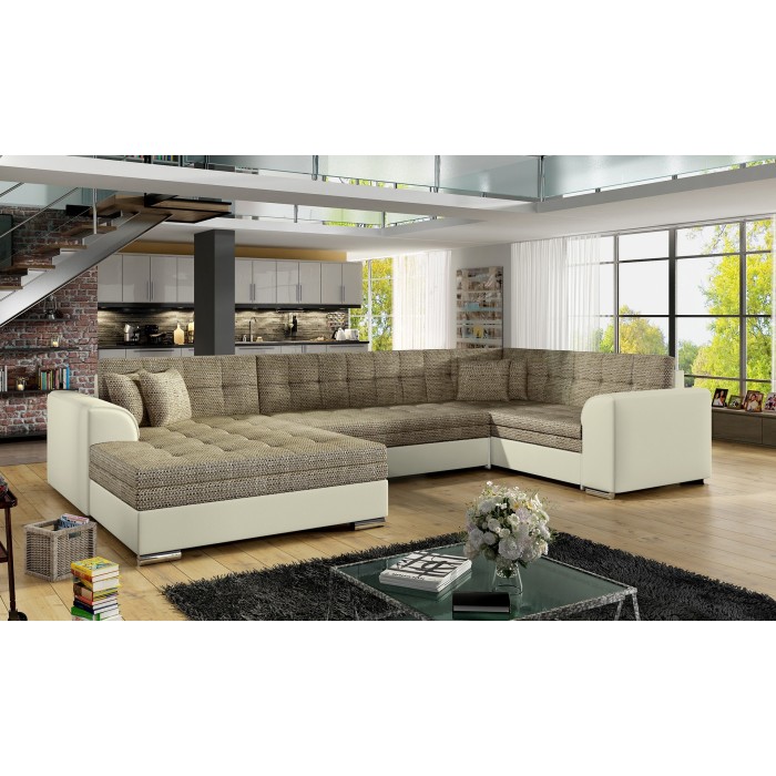 Canapé panoramique convertible CALDERO 5 places beige et crème – angle gauche 