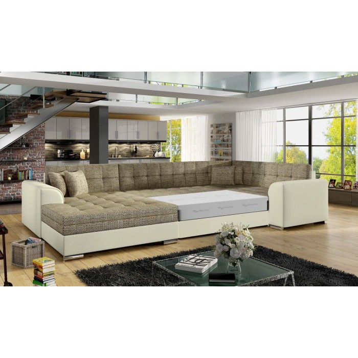 Canapé panoramique convertible CALDERO 5 places beige et crème – angle gauche 