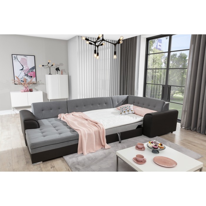 Canapé panoramique convertible CALDERO 5 places beige et crème – angle gauche 