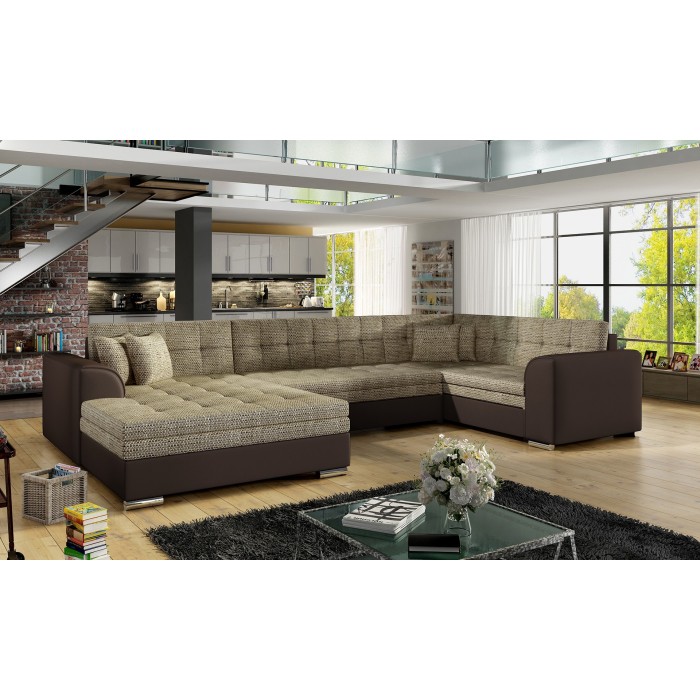 Canapé panoramique convertible CALDERO 5 places beige et chocolat – angle gauche 