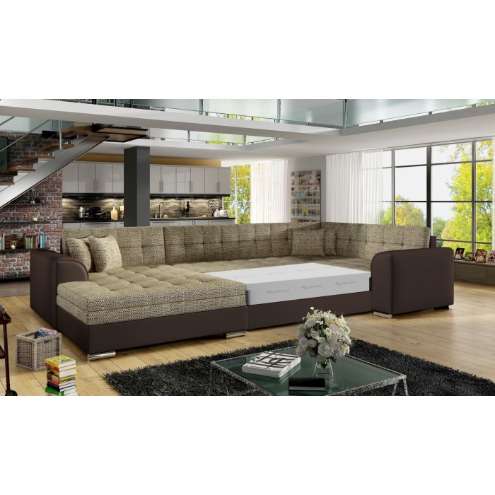 Canapé panoramique convertible CALDERO 5 places beige et chocolat – angle gauche 