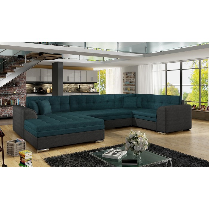 Canapé panoramique convertible CALDERO 5 places bleu canard et noir – angle gauche 