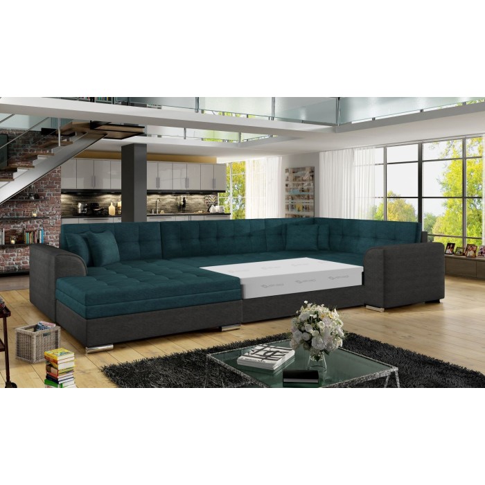 Canapé panoramique convertible CALDERO 5 places bleu canard et noir – angle gauche 