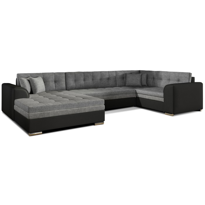 Canapé panoramique convertible CALDERO 5 places gris et noir – angle gauche – 4 coussins 