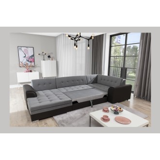 Canapé panoramique convertible CALDERO 5 places gris et noir – angle gauche – 4 coussins 