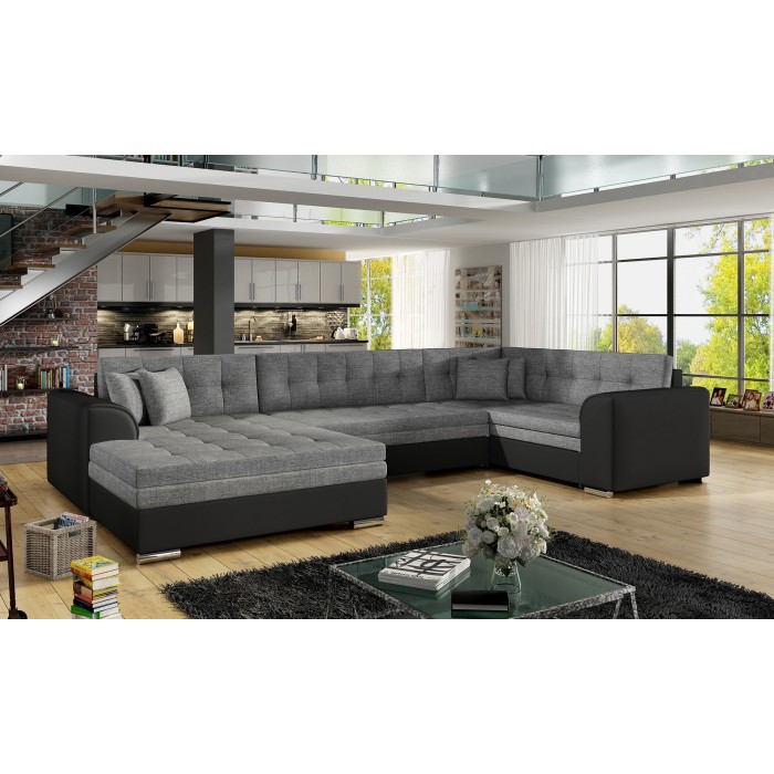 Canapé panoramique convertible CALDERO 5 places gris et noir – angle gauche – 4 coussins 