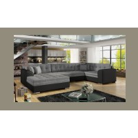 Canapé panoramique convertible CALDERO 5 places gris et noir – angle gauche – 4 coussins 