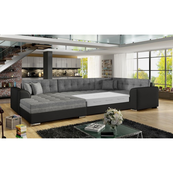 Canapé panoramique convertible CALDERO 5 places gris et noir – angle gauche – 4 coussins 