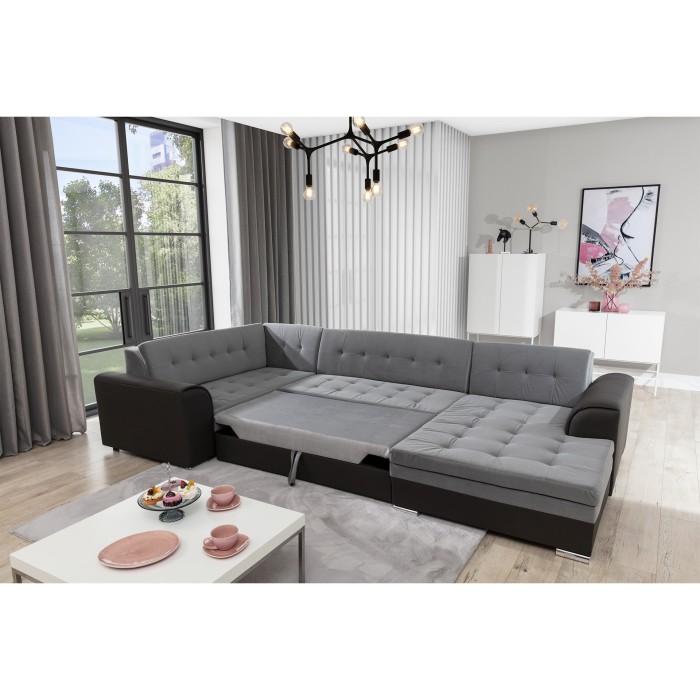 Canapé panoramique convertible CALDERO 5 places gris clair et noir – angle droit 