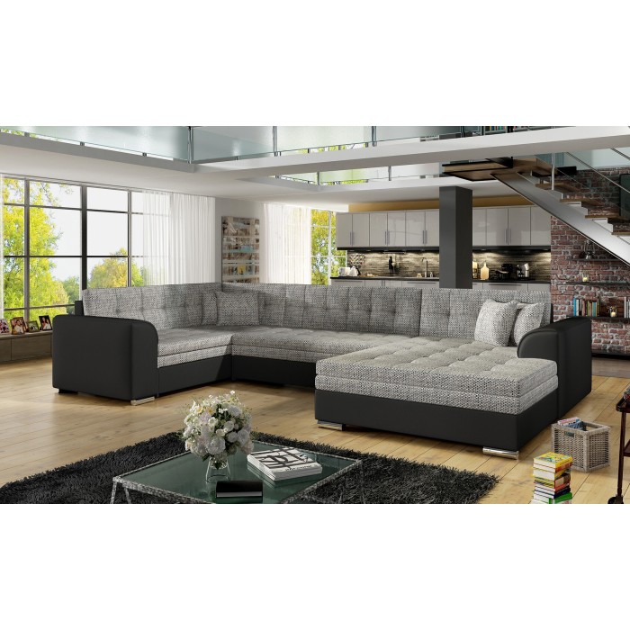 Canapé panoramique convertible CALDERO 5 places gris clair et noir – angle droit 