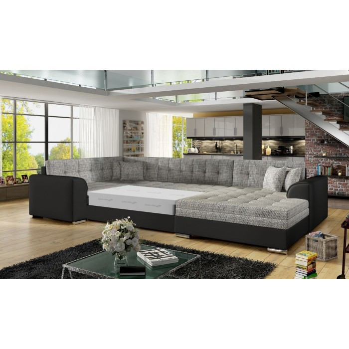 Canapé panoramique convertible CALDERO 5 places gris clair et noir – angle droit 