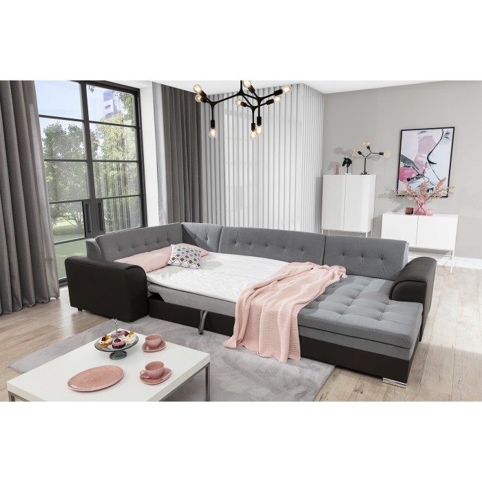 Canapé panoramique convertible CALDERO 5 places gris clair et noir – angle droit 
