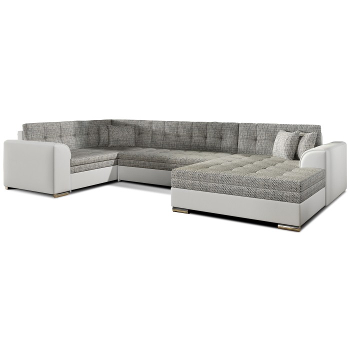 Canapé panoramique convertible CALDERO 5 places gris clair et blanc – angle droit 