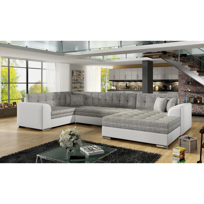 Canapé panoramique convertible CALDERO 5 places gris clair et blanc – angle droit 