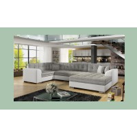 Canapé panoramique convertible CALDERO 5 places gris clair et blanc – angle droit 