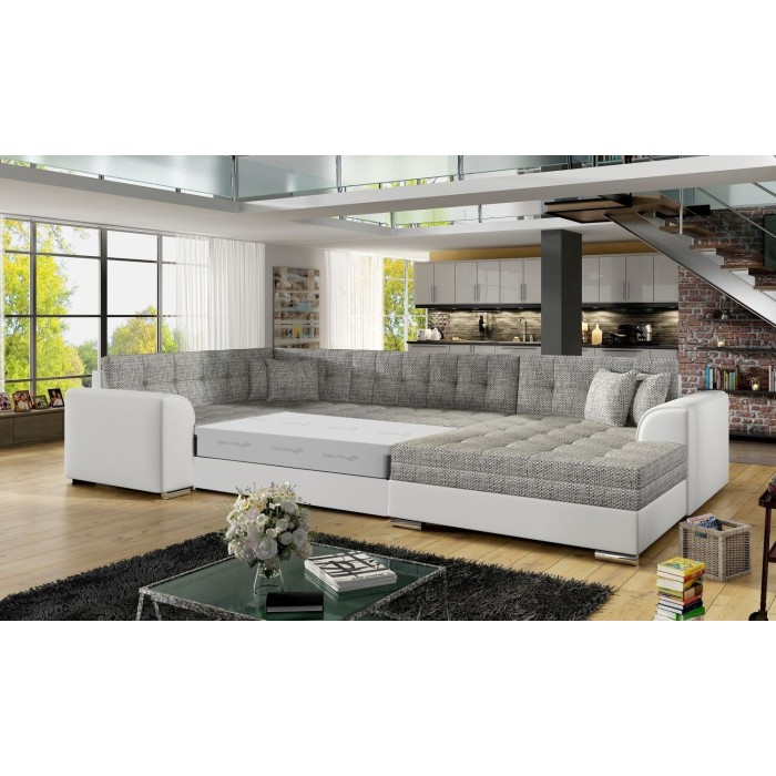 Canapé panoramique convertible CALDERO 5 places gris clair et blanc – angle droit 