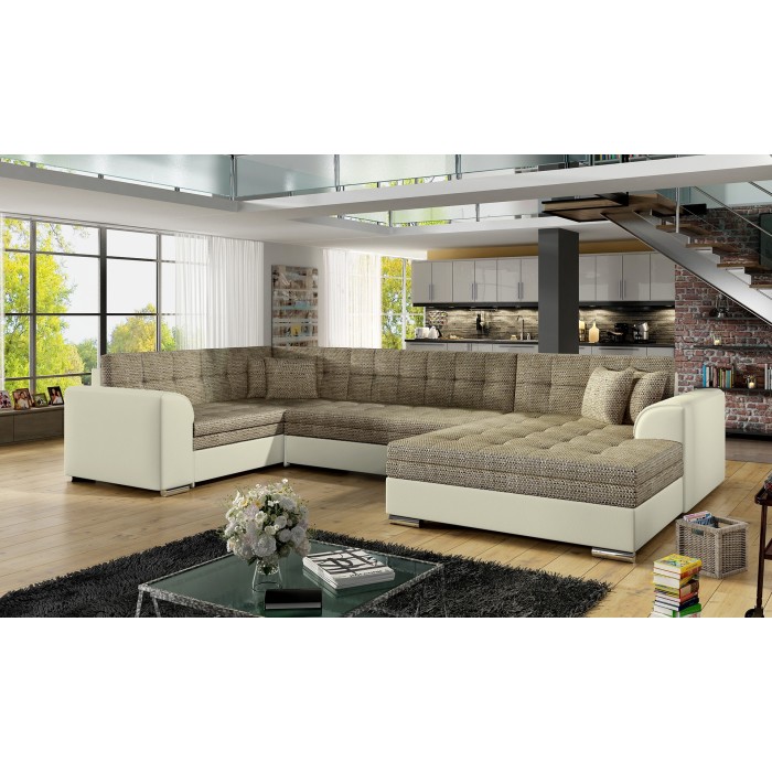 Canapé panoramique convertible CALDERO 5 places beige et crème – angle droit 