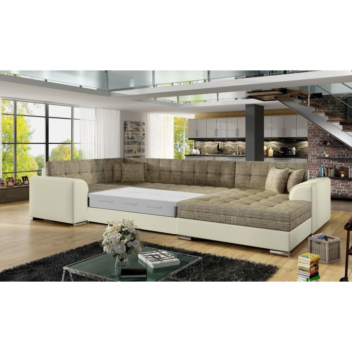 Canapé panoramique convertible CALDERO 5 places beige et crème – angle droit 