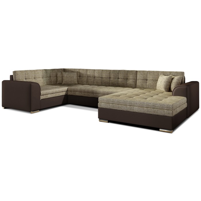 Canapé panoramique convertible CALDERO 5 places beige et chocolat – angle droit 