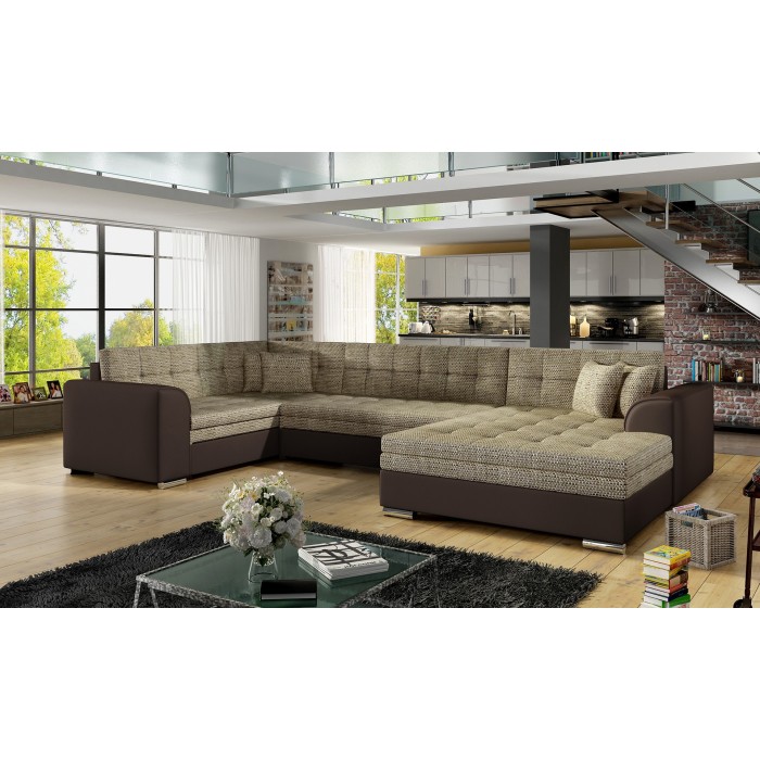 Canapé panoramique convertible CALDERO 5 places beige et chocolat – angle droit 