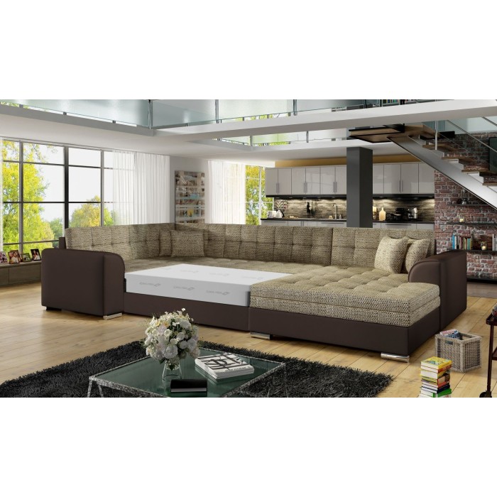 Canapé panoramique convertible CALDERO 5 places beige et chocolat – angle droit 