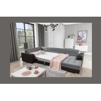 Canapé panoramique convertible CALDERO 5 places beige et chocolat – angle droit 
