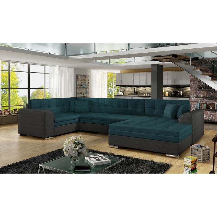 Canapé panoramique convertible CALDERO 5 places bleu canard et noir – angle droit 