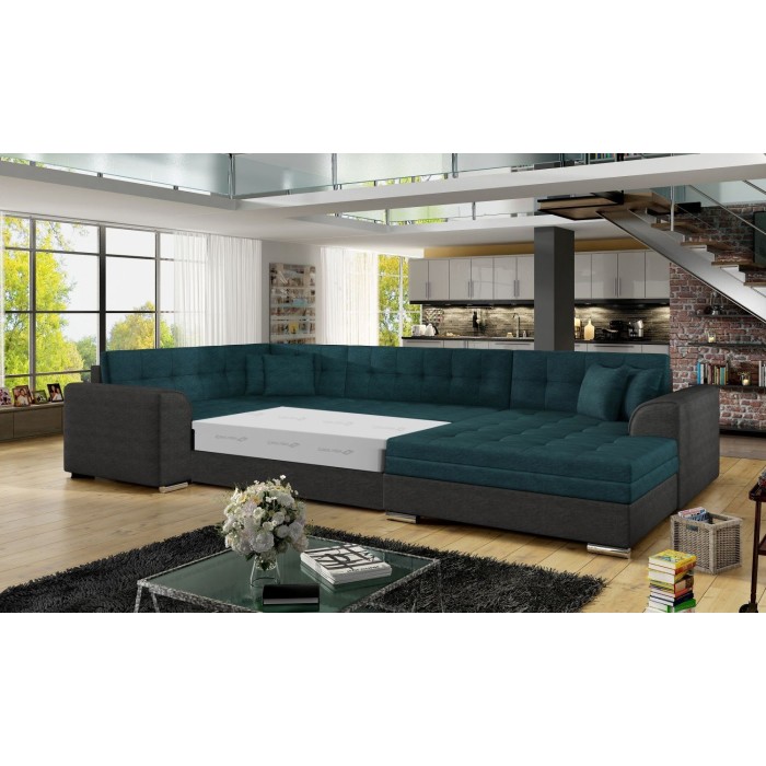 Canapé panoramique convertible CALDERO 5 places bleu canard et noir – angle droit 