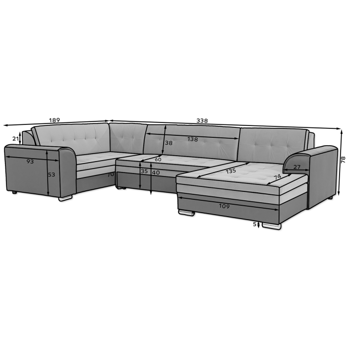 Canapé panoramique convertible CALDERO 5 places gris et noir – angle droit 