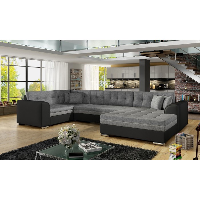 Canapé panoramique convertible CALDERO 5 places gris et noir – angle droit 