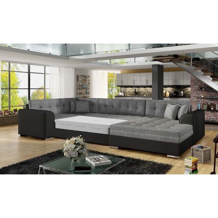 Canapé panoramique convertible CALDERO 5 places gris et noir – angle droit 