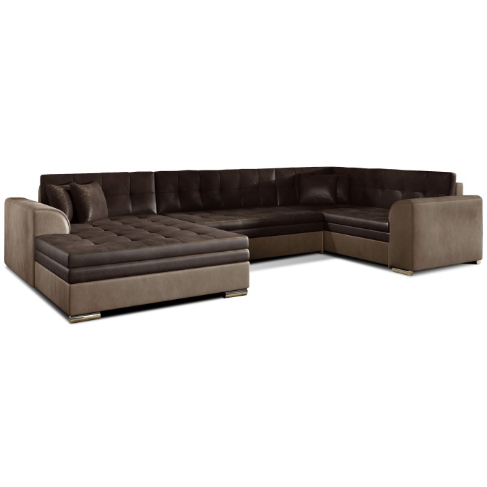Canapé panoramique convertible CALDERO 5 places marron – angle gauche – 4 coussins 