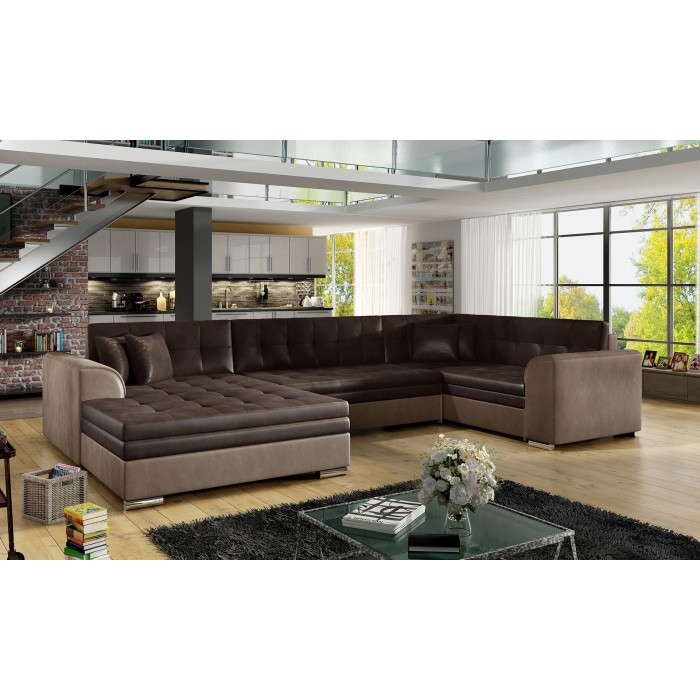 Canapé panoramique convertible CALDERO 5 places marron – angle gauche – 4 coussins 