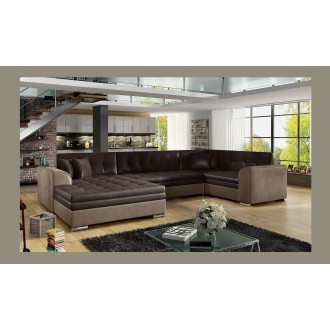 Canapé panoramique convertible CALDERO 5 places marron – angle gauche – 4 coussins 