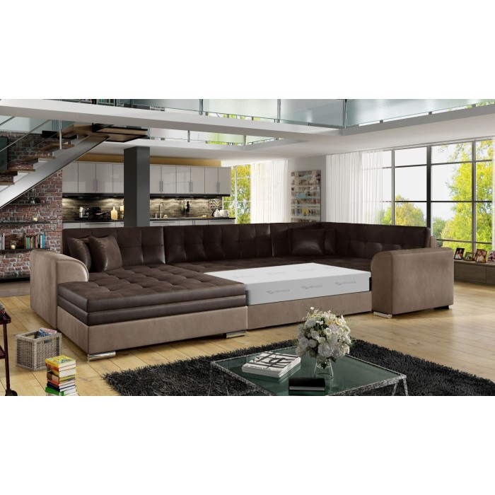 Canapé panoramique convertible CALDERO 5 places marron – angle gauche – 4 coussins 