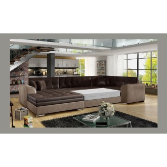 Canapé panoramique convertible CALDERO 5 places marron – angle gauche – 4 coussins 