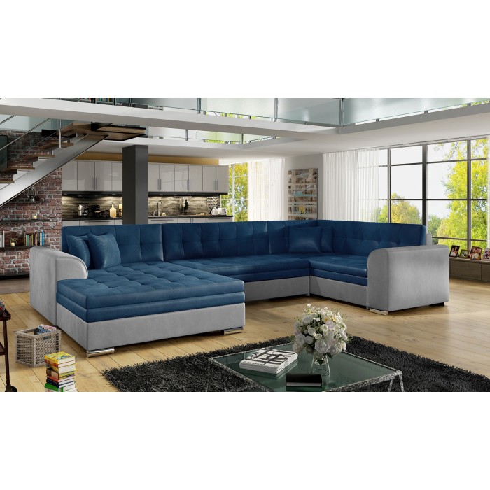 Canapé panoramique convertible CALDERO 5 places bleu marine et gris – angle gauche 
