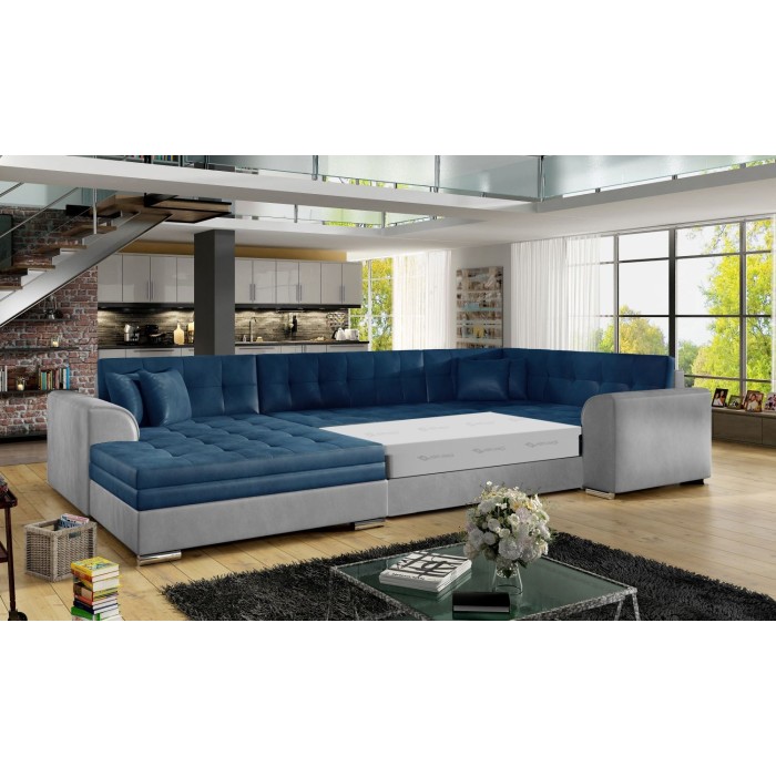 Canapé panoramique convertible CALDERO 5 places bleu marine et gris – angle gauche 
