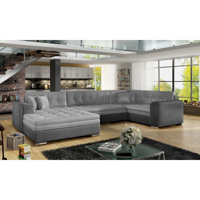 Canapé panoramique convertible CALDERO 5 places gris clair et foncé – angle gauche 