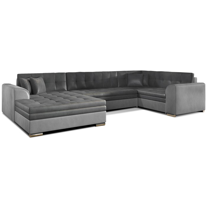Canapé panoramique convertible CALDERO 5 places gris clair et foncé – angle gauche – 4 coussins 